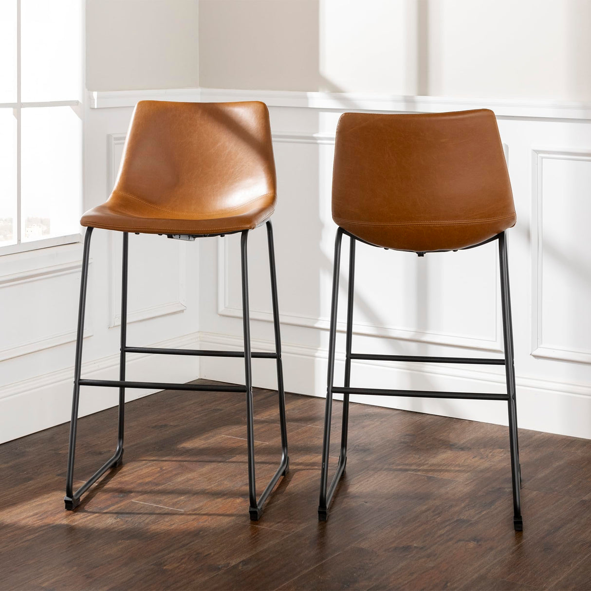 Walker Edison Douglas Urban Industrial Faux Leather Armless Lounge Kitchen Bar Chairs, Set of 2, Whiskey Brown Walker Edison
