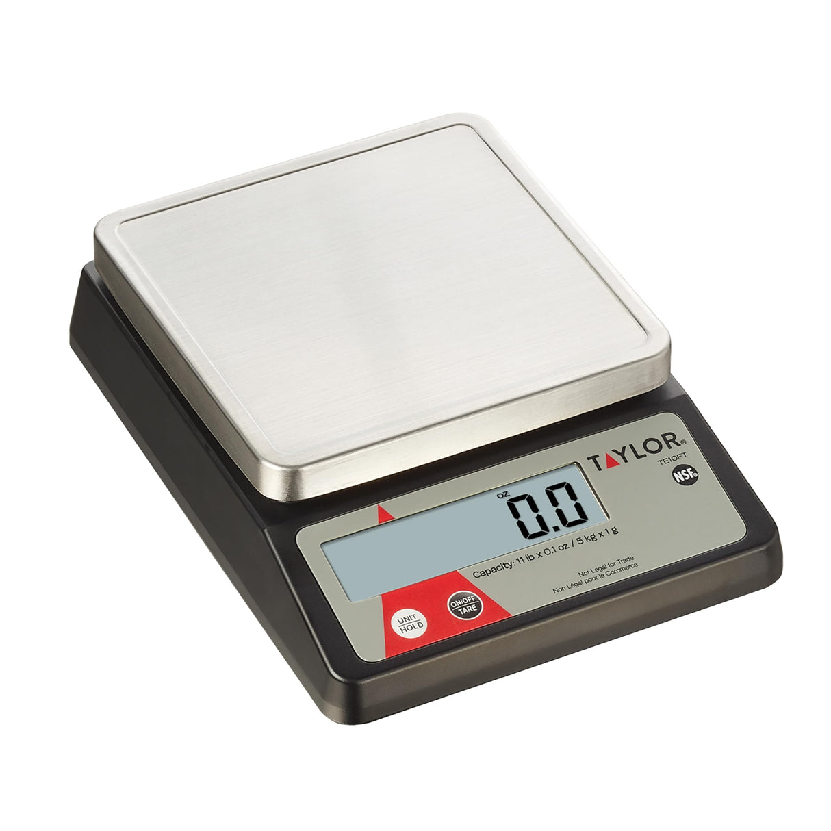 Taylor TE10FT 11-Pound Commercial Digital Portion Control Scale, 11 lb (5 kg) in 0.1 oz (1 g) Food and Cooking Scale, Tare and Hold Function, NSF, Stainless Steel Platform Taylor