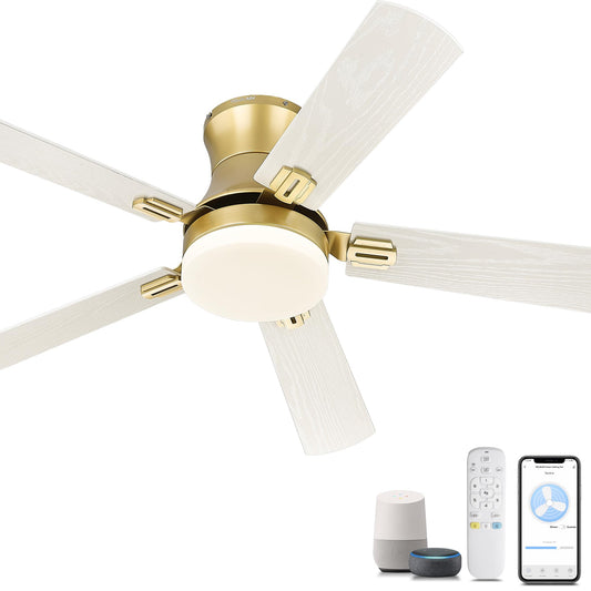 YOUKAIN Ceiling Fans with Lights, 52 inch Low Profile Ceiling fan with Remote Control and App Control, Flush Mount, Reversible, Dimmable, Gold Ceiling Fan for Bedroom, Indoor/Outdoor Use, 52-YJ865-GD