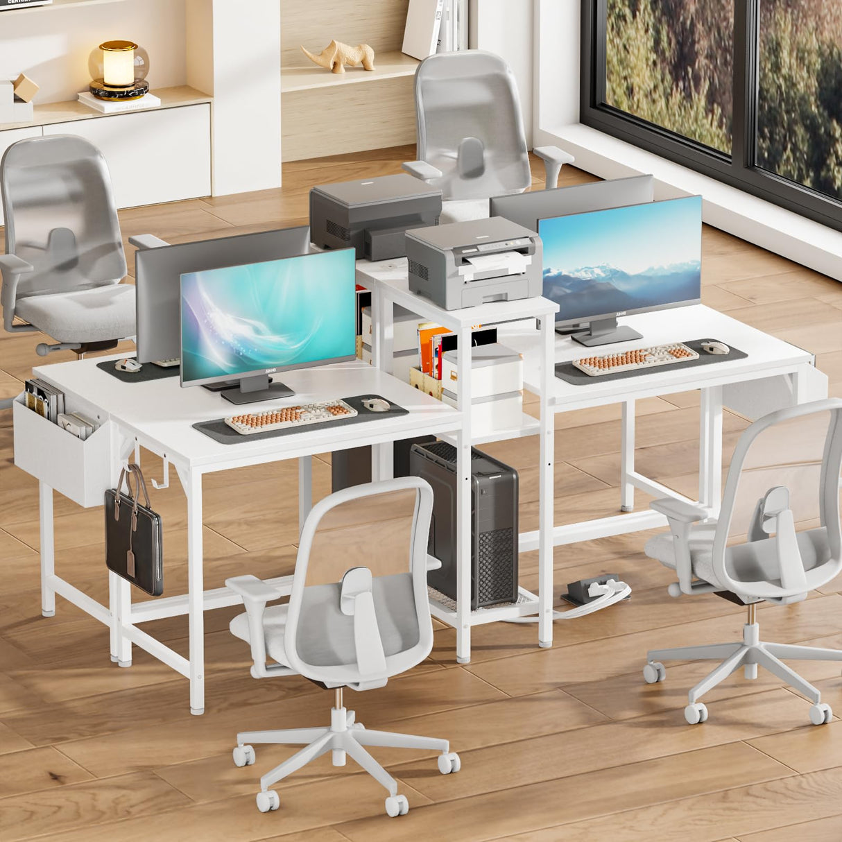 Furologee Double Desk with Power Outlets, 71 Inch Computer Desk with Storage Bag and Headphone Hooks, Gaming Desk Study Writing Table for Home Office, White Furologee