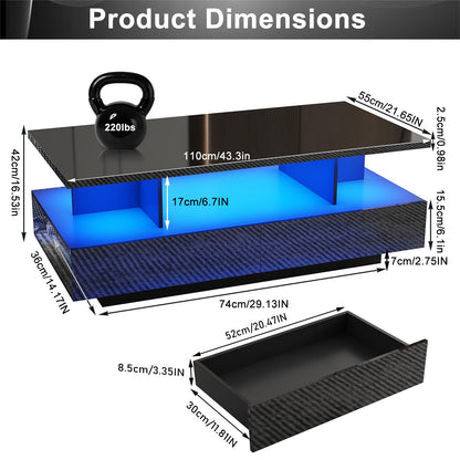 jiteentarou LED Coffee Table w/ 2 Storage Drawers,App Control,High Glossy Modern Black Coffee Table w/60,000-Color Lights,Rectangle 2-Tier Center Table w/Display Shelf for Living Room - WoodArtSupply