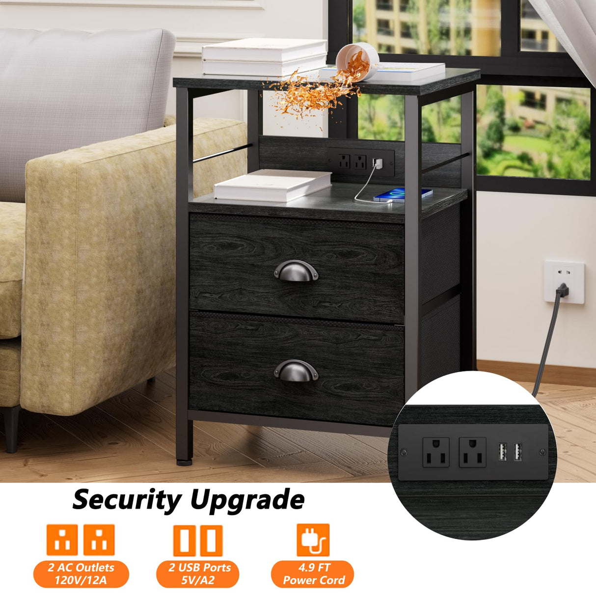 Furologee Nightstand Set of 2, Black Oak, with Charging Station and USB Ports, Side Tables with 2 Fabric Drawers, Bedside Tables with Storage Shelf & Hooks, for Living Room/Bedroom Furologee