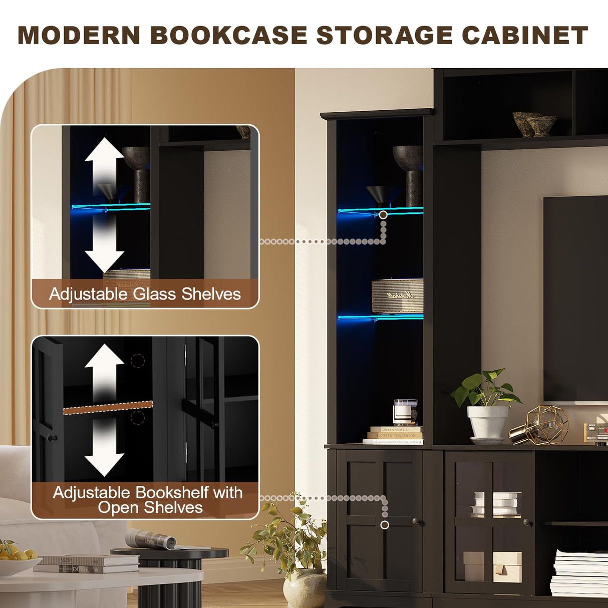 MEISSALIVVE Wall Unit TV Stand with Storage & LED Lights, Large Entertainment Center with Bookshelves for TVs up to 75", Media Console for Living Room, Black MEISSALIVVE