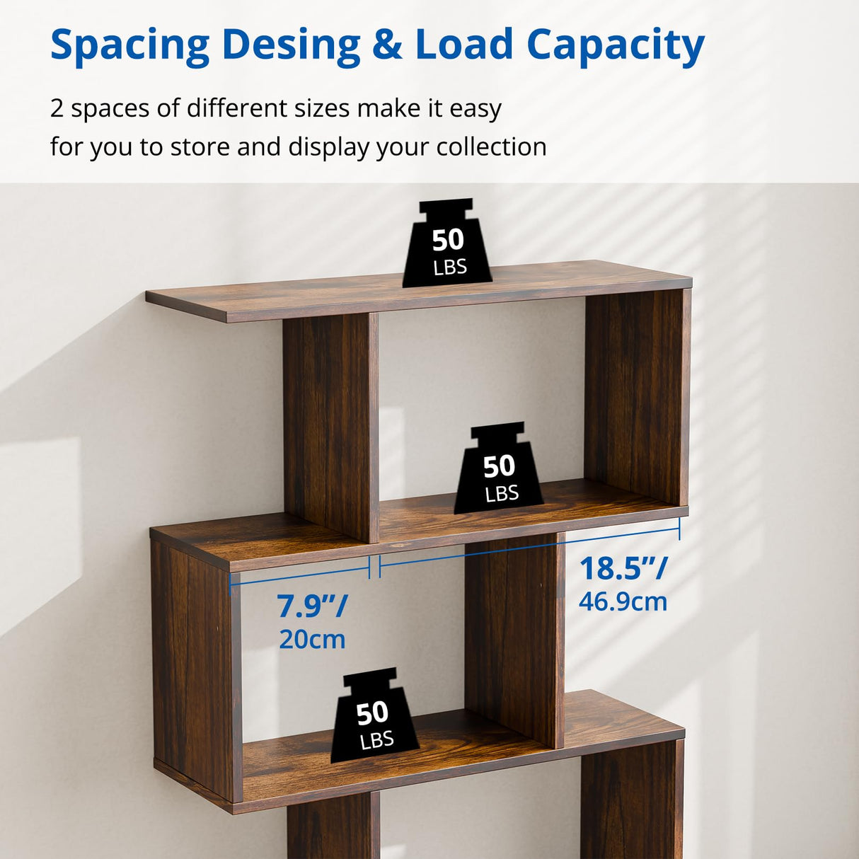 Cozy Castle Set of 2 Geometric Bookcase, S-Shaped Modern Bookshelf, Room Divider Bookshelf, 62" Tall Unique Abstract Bookcase with 5-Tier Display Shelf for Living Room Office, Rustic Brown Cozy Castle