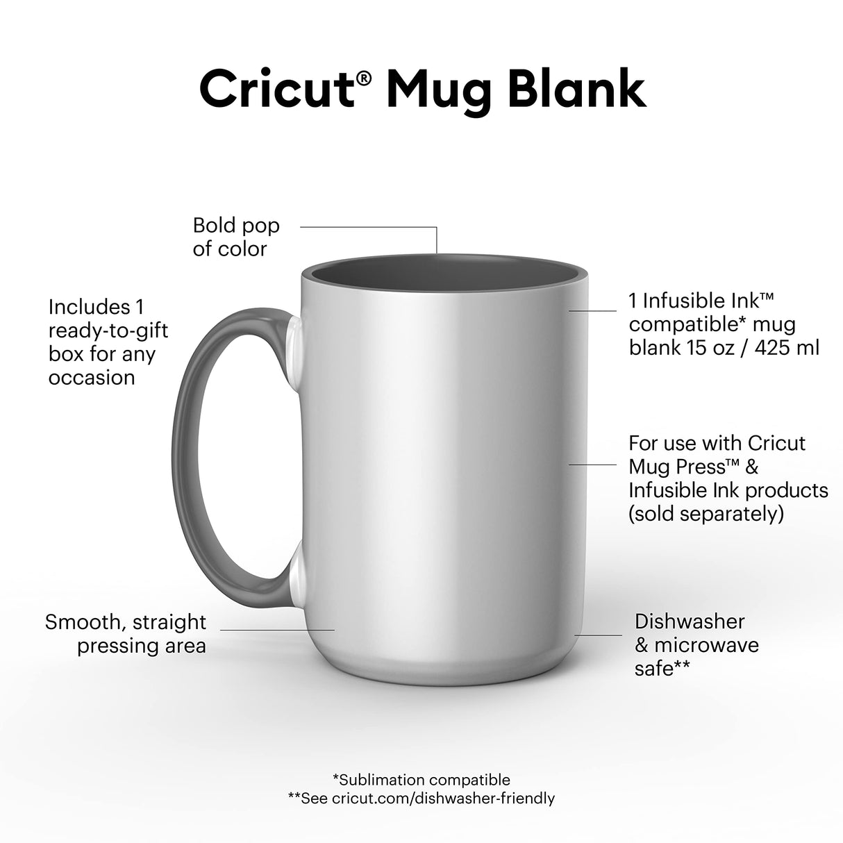Cricut Beveled Blank Mug, Ceramic-Coated, Dishwasher & Microwave Safe Mug to Decorate,Infusible Ink Compatible,15 Oz Sublimation Mug White/Gray Cricut