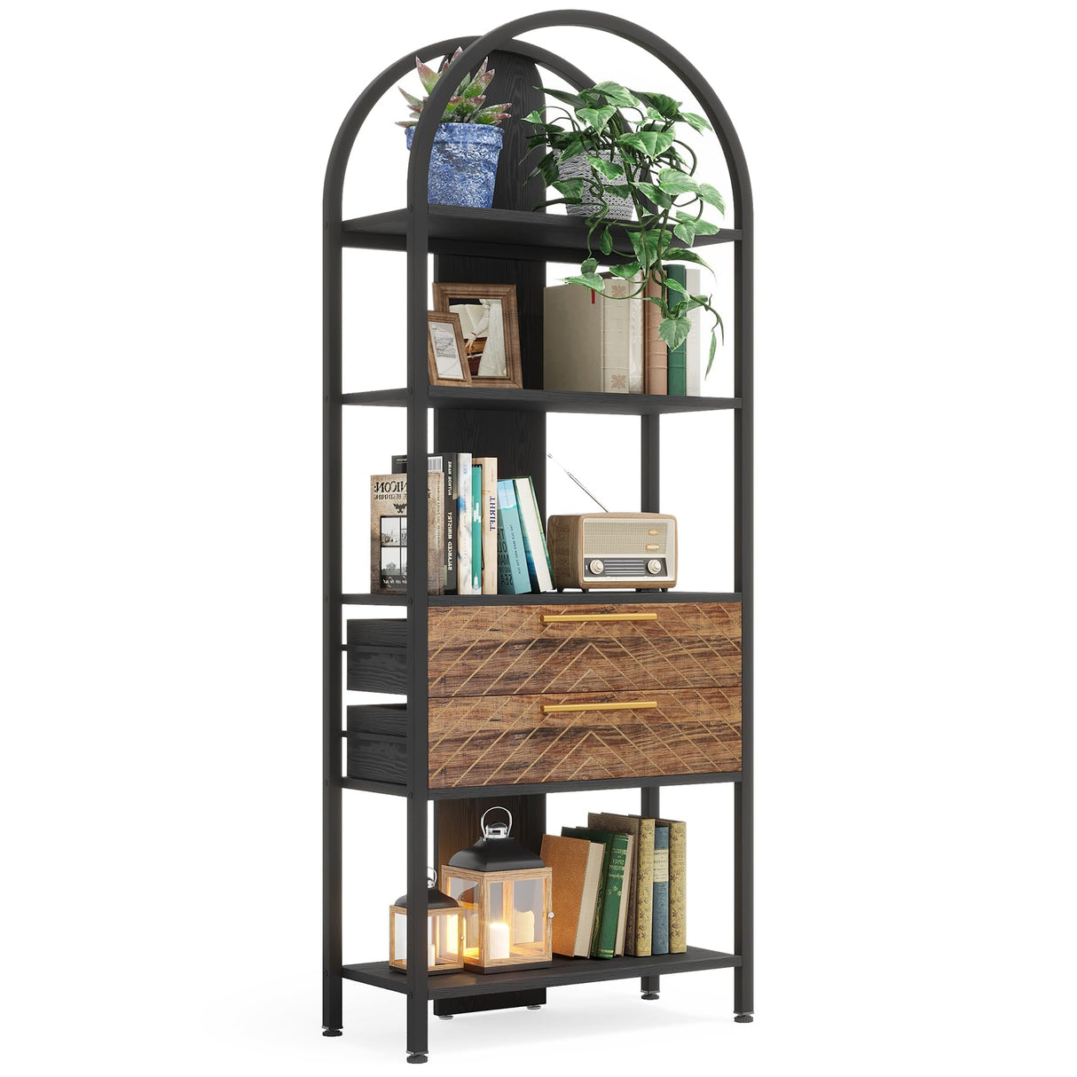 Tribesigns 4-Tier Bookshelf with 2 Drawers, Industrial Open Book Shelf Arched Bookcase, 70.8" Tall Storage Shelves Display Rack with LED Light and Metal Frame for Living Room, Home Office (1) Tribesigns