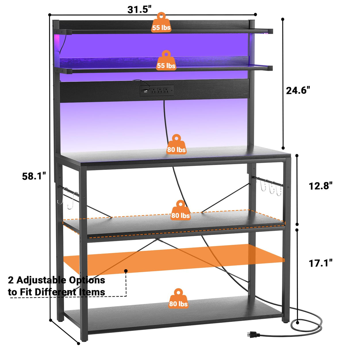 Aheaplus Bakers Rack with Power Outlet, Microwave Stand, 5 Tiers Coffee Bar Station with Led Lights, Kitchen Storage Shelf with 6 S-Shaped Hooks, Kitchen Rack Coffee Bar Stand, Black Aheaplus