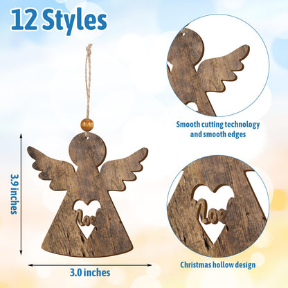 Chenkaiyang 24 Pcs Christmas Farmhouse Wooden Angel Ornaments Pack,Xmas Wood Angel Ornaments Bulk Xmas Tree Hanging Farmhouse Ornaments for Christmas Party Decor