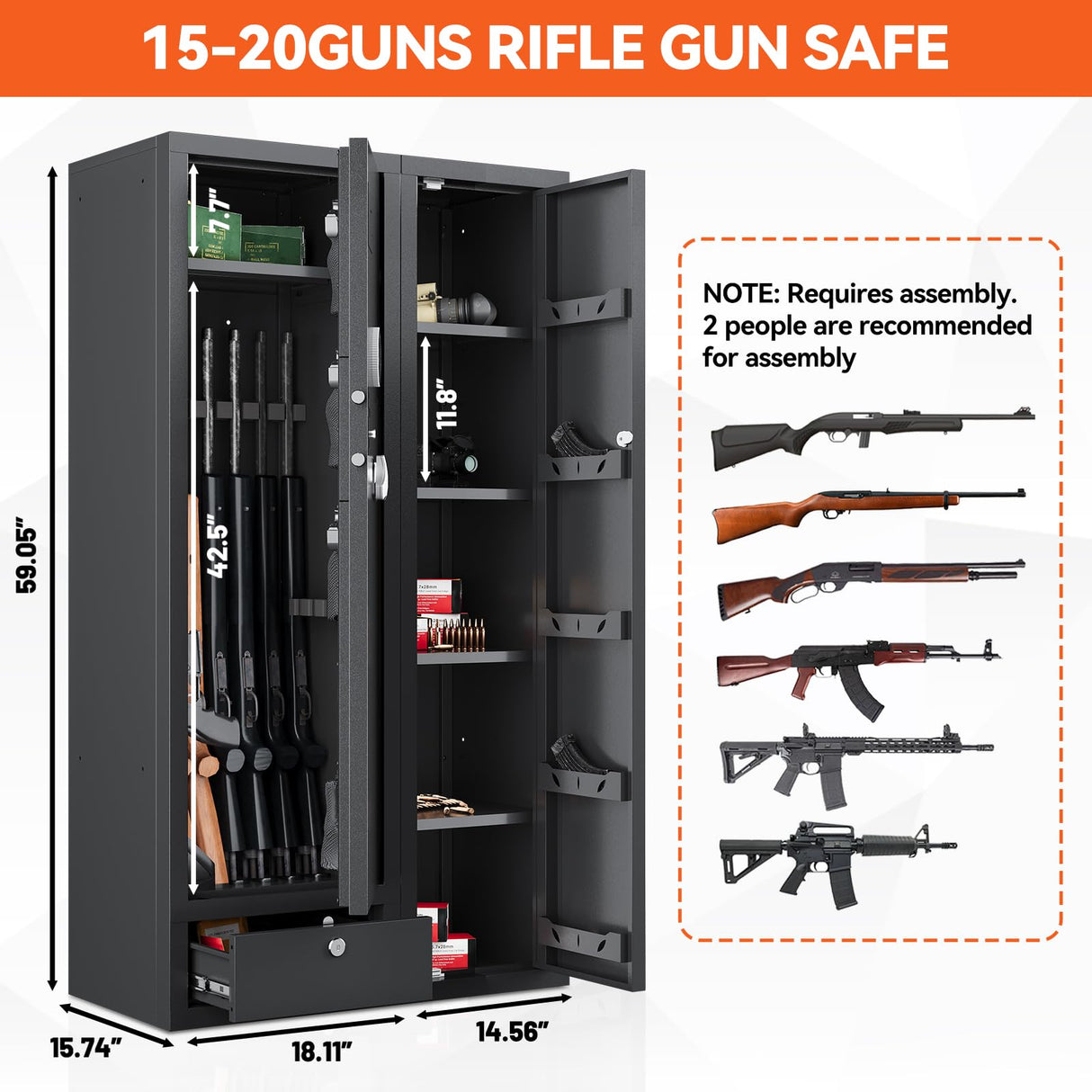 KAER 15-20 Gun Safe,Gun Safes for Home Rifle and Pistols,Large Gun Safes for home and Shotgun, Large Gun Safes for home and Shotgun, Quick Access Shotguns Rifle Cabinet,with Drawer and Removable Shelf KAER