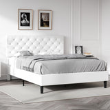 REVOMINCA Full Bed Frame with Headboard, Faux Leather Upholstered Platform Bed Frame, White Bed Frame Full Size, Wooden Slat Support, No Box Spring Needed, White REVOMINCA