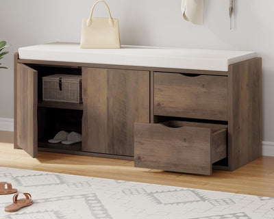 LVB Entryway Bench with Storage, 40” Storage Bench with Padded Cushioned Seat, Farmhouse Shoe Bench with 2 Drawers Cabinet Shelf, Industrial Wood Shoe Rack Bench for Living Bedroom，Rustic Oak, 40in