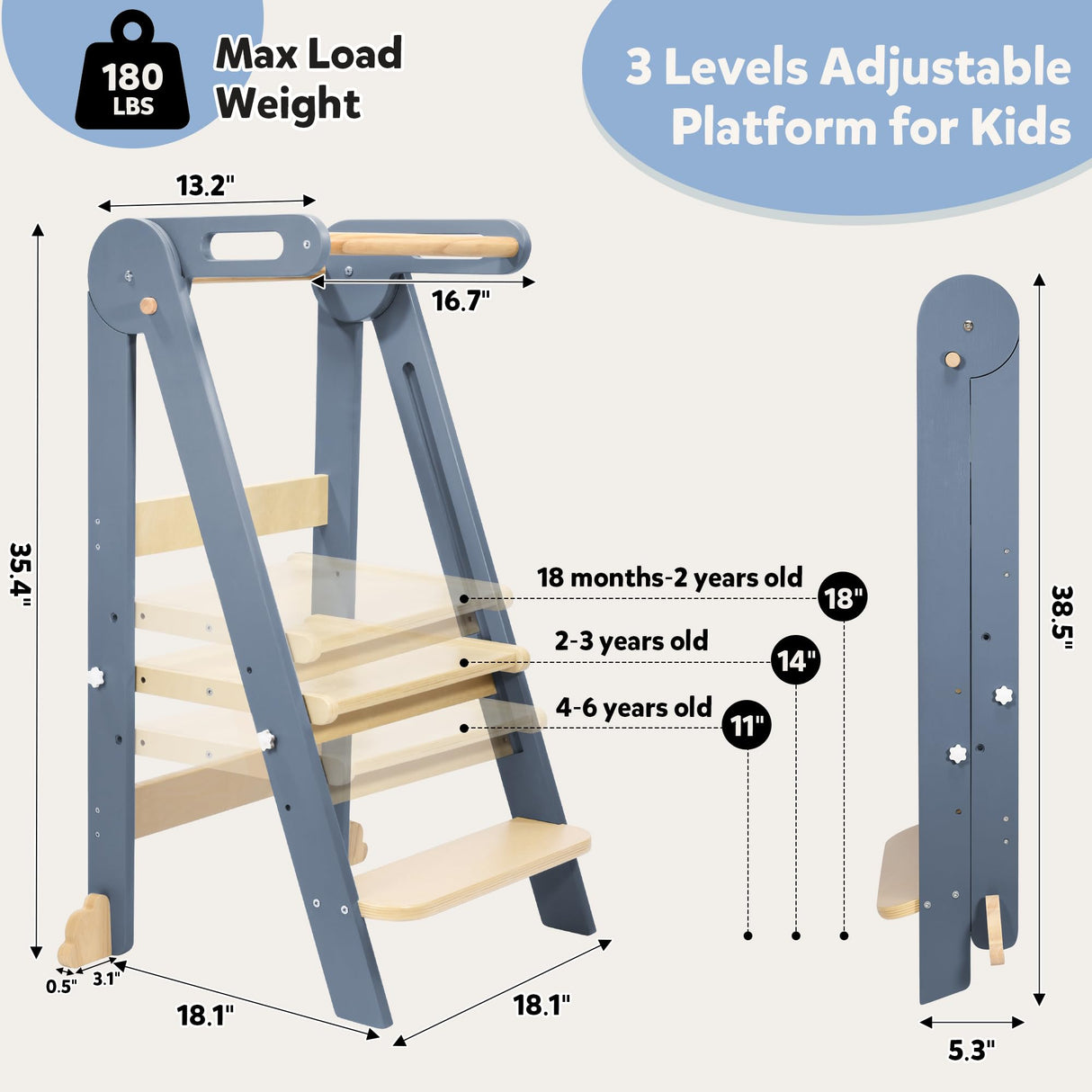 CONKKA Foldable Toddler Kitchen Step Stool with Hook, Pre-Assembled Wooden Folding Montessori Learning Helper for Kids, Toddlers Standing Tower with 3 Adjustable Height Stepping for Counter Sink-Gray CONKKA