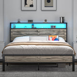 Full Size Bed Frame, Full Bed Frames with LED Lights and Charging Station, Farmhouse Platform Bed with Storage Headboard, Rustic Barn Door Design, Noise Free, No Box Spring Needed, Wash Grey CHABUILDREARK