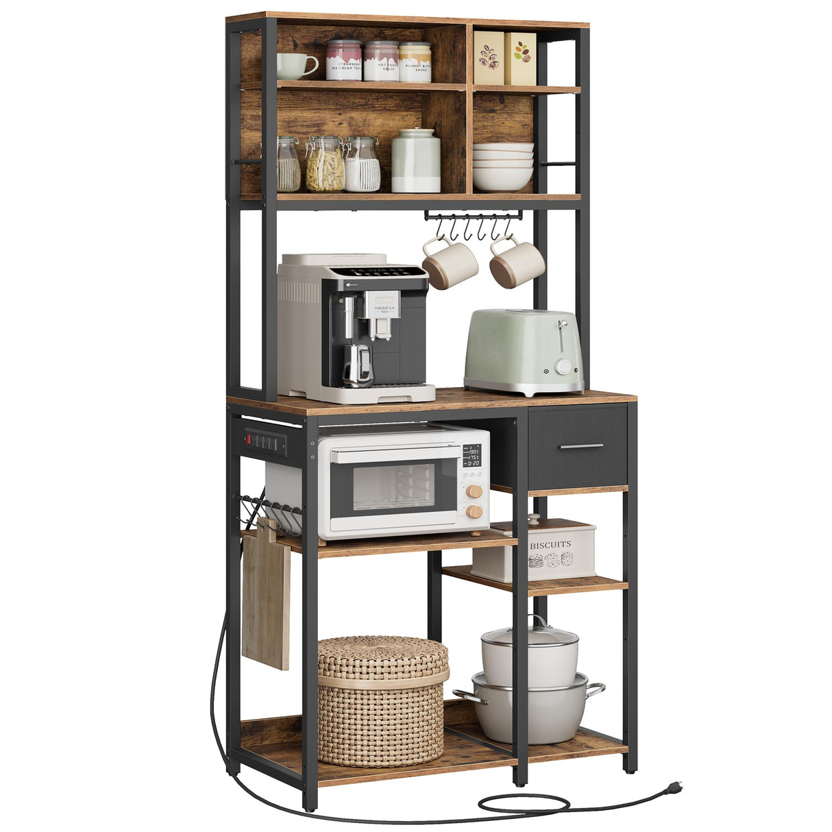 VASAGLE Bakers Rack with Charging Station, Coffee Bar with Adjustable Storage Shelves, Fabric Drawer, 12 Hooks, 15.7 x 31.5 x 71 Inches, Kitchen Microwave Stand, Rustic Brown and Ink Black UKKS015K01 VASAGLE