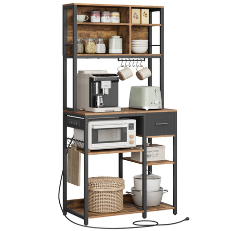 VASAGLE Bakers Rack with Charging Station, Coffee Bar with Adjustable Storage Shelves, Fabric Drawer, 12 Hooks, 15.7 x 31.5 x 71 Inches, Kitchen Microwave Stand, Rustic Brown and Ink Black UKKS015K01 VASAGLE