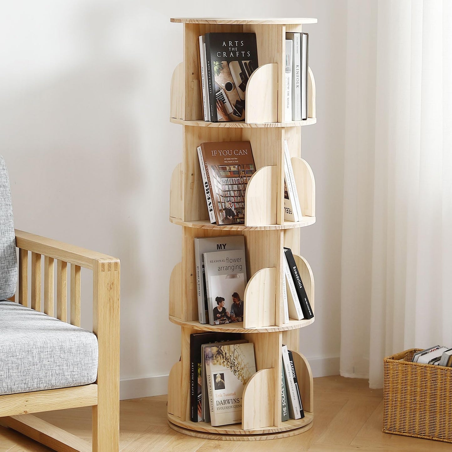 Buzleer 4-Tier Rotating Bookshelf Tower – Space-Saving Solid Wood Book Organizer for Small Spaces - WoodArtSupply