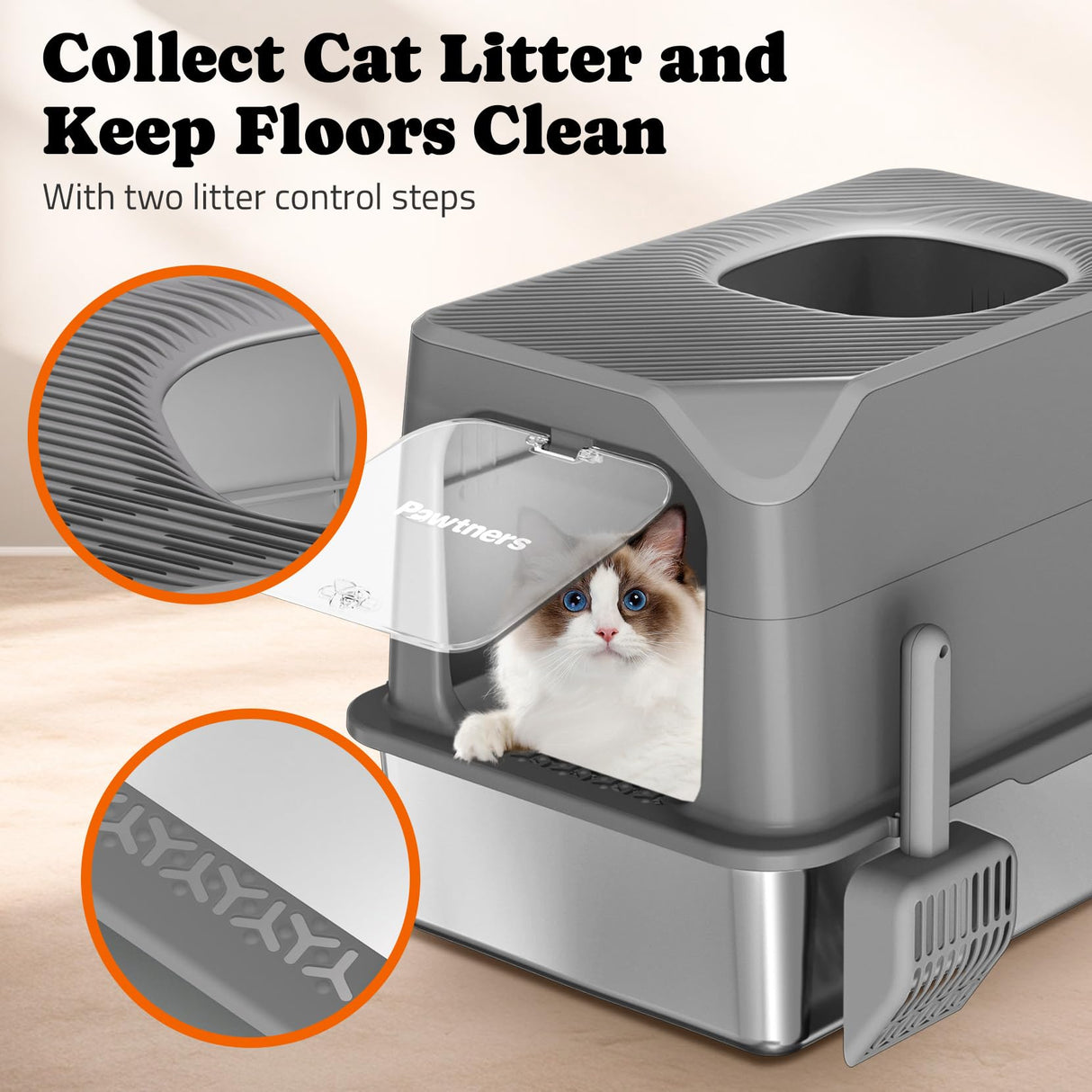 Pawtners Stainless Steel Cat Litter Box, XL Extra Large Kitty Litter Pan, Front Entry Top Exit Hooded Metal Cat Toilet for Odor Control with Removable Lid & Scoop, Anti-Leakage, Easy to Clean Pawtners