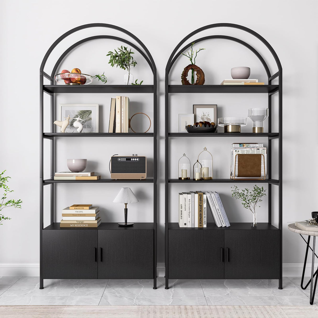 Jehiatek Arched Bookshelf, Bookcase with Doors Storage, 71 Inches Tall Industrial Book Shelf with Sturdy Metal Frame, E1 Quality Boards, Freestanding Display Shelving Unit, Black Jehiatek