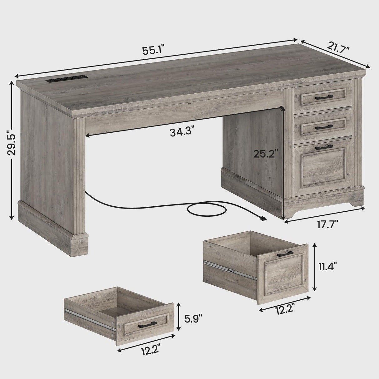 SEDETA Executive Office Desk with 3 Drawers, Farmhouse 55" Computer Desk with Storage File Drawers & Power Outlet for Home Office, Grey SEDETA