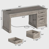 SEDETA Executive Office Desk with 3 Drawers, Farmhouse 55" Computer Desk with Storage File Drawers & Power Outlet for Home Office, Grey SEDETA