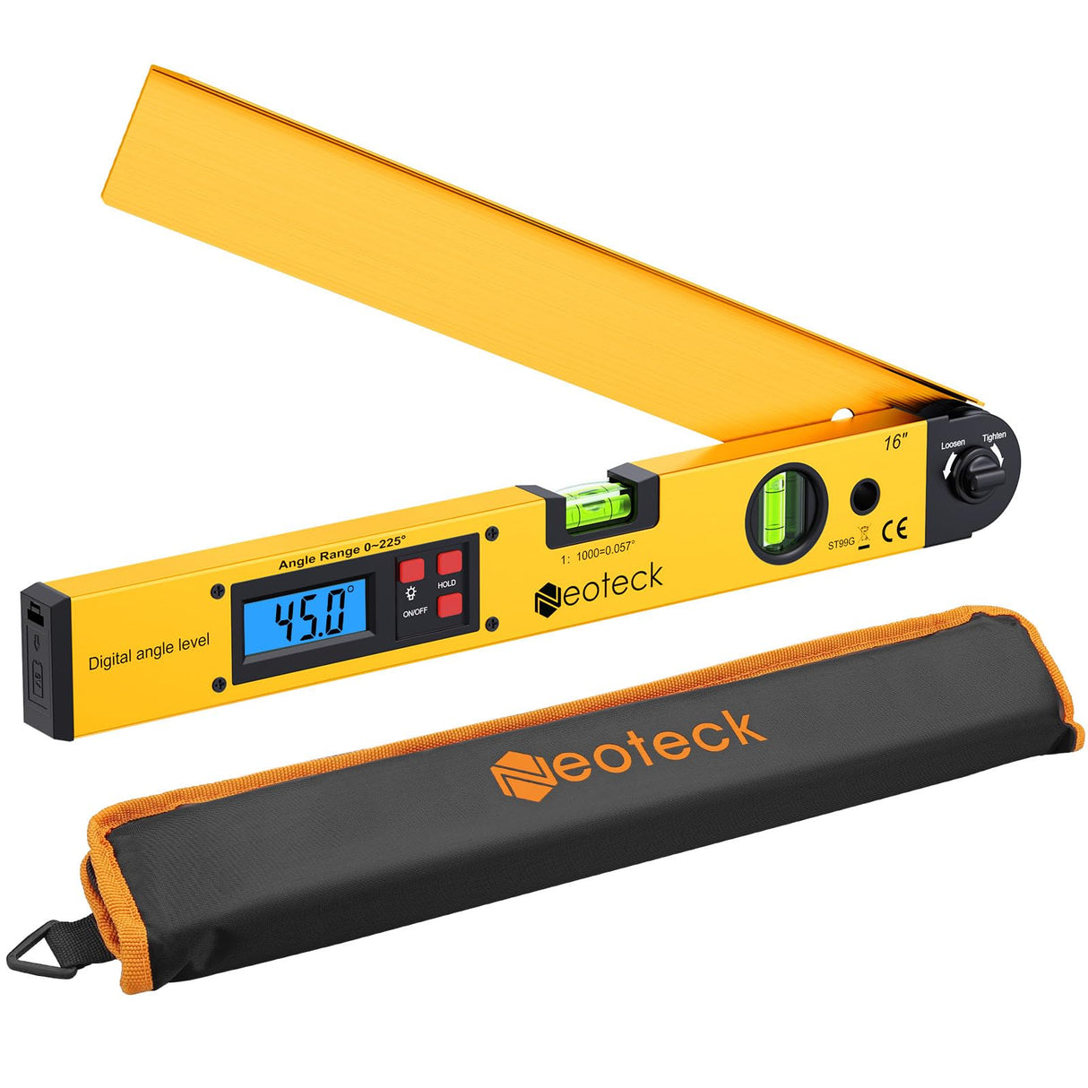 Neoteck 225° 16 inch Digital Angle Finder Aluminum Protractor with LCD Backlight Digital Angle Measuring Tool with Horizontal and Vertical Bubble for Woodworking, Construction, Machinery - Golden Neoteck