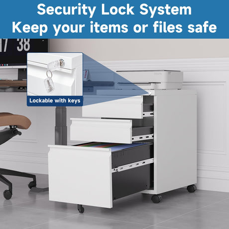 AFAIF 3 Drawer Mobile File Cabinet with Lock, Rolling File Cabinet for Home Office, Under Desk Small File Cabinet, Metal Vertical White Filing Cabinet for Legal/Letter/A4 File, Not Assembled AFAIF