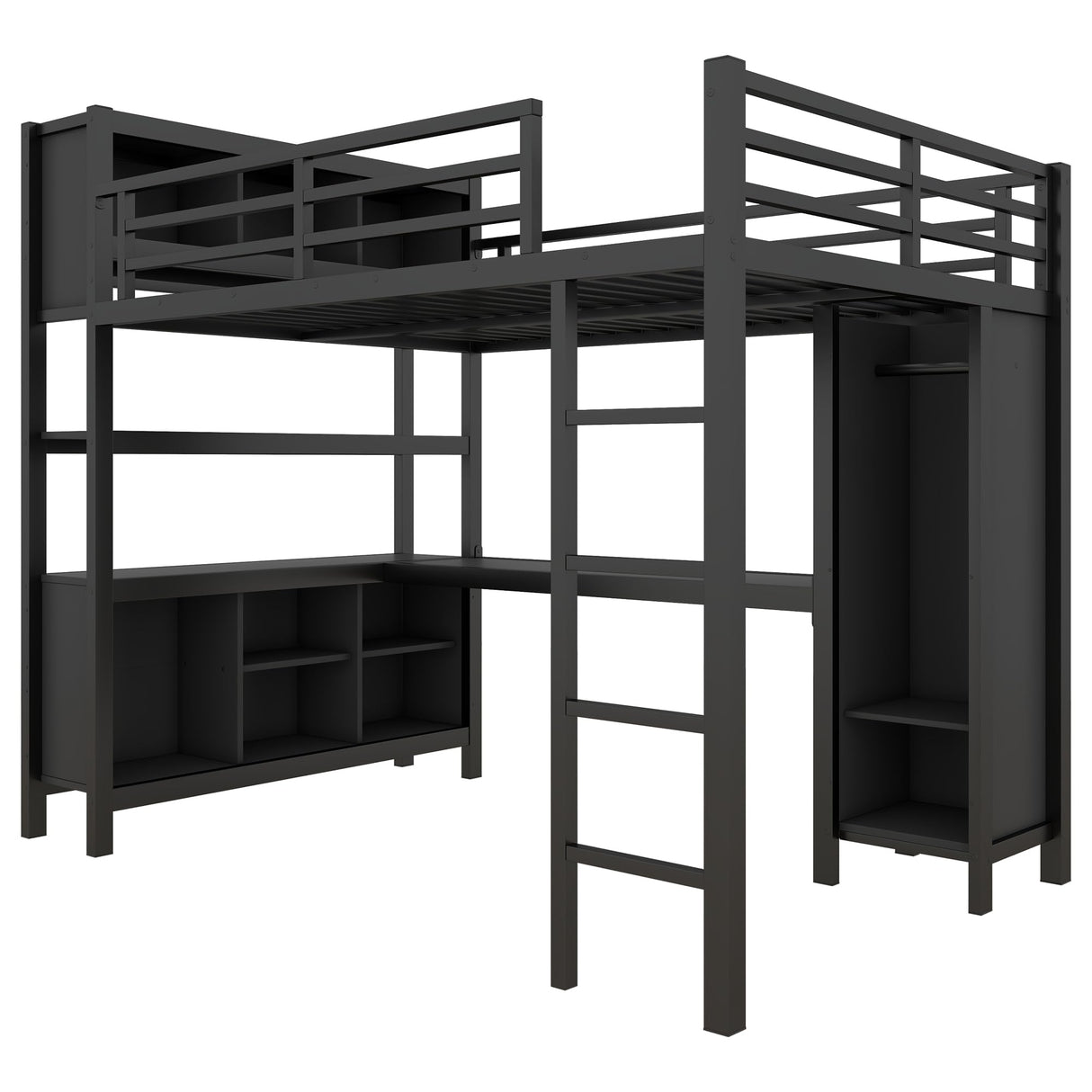 Full Size Loft Bed with Wardrobe and Storage Cubes, Heavy Duty Loft Bed with Desk, Storage Shelf and Guardrail, Black Bellemave