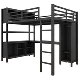 Full Size Loft Bed with Wardrobe and Storage Cubes, Heavy Duty Loft Bed with Desk, Storage Shelf and Guardrail, Black Bellemave