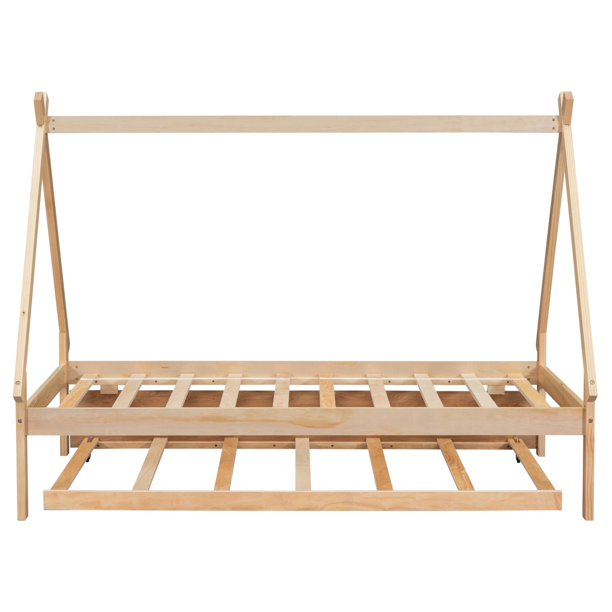 Harper & Bright Designs Twin Size Teepee Bed Frame with Trundle - Natural Wood Montessori Bed for Kids - WoodArtSupply