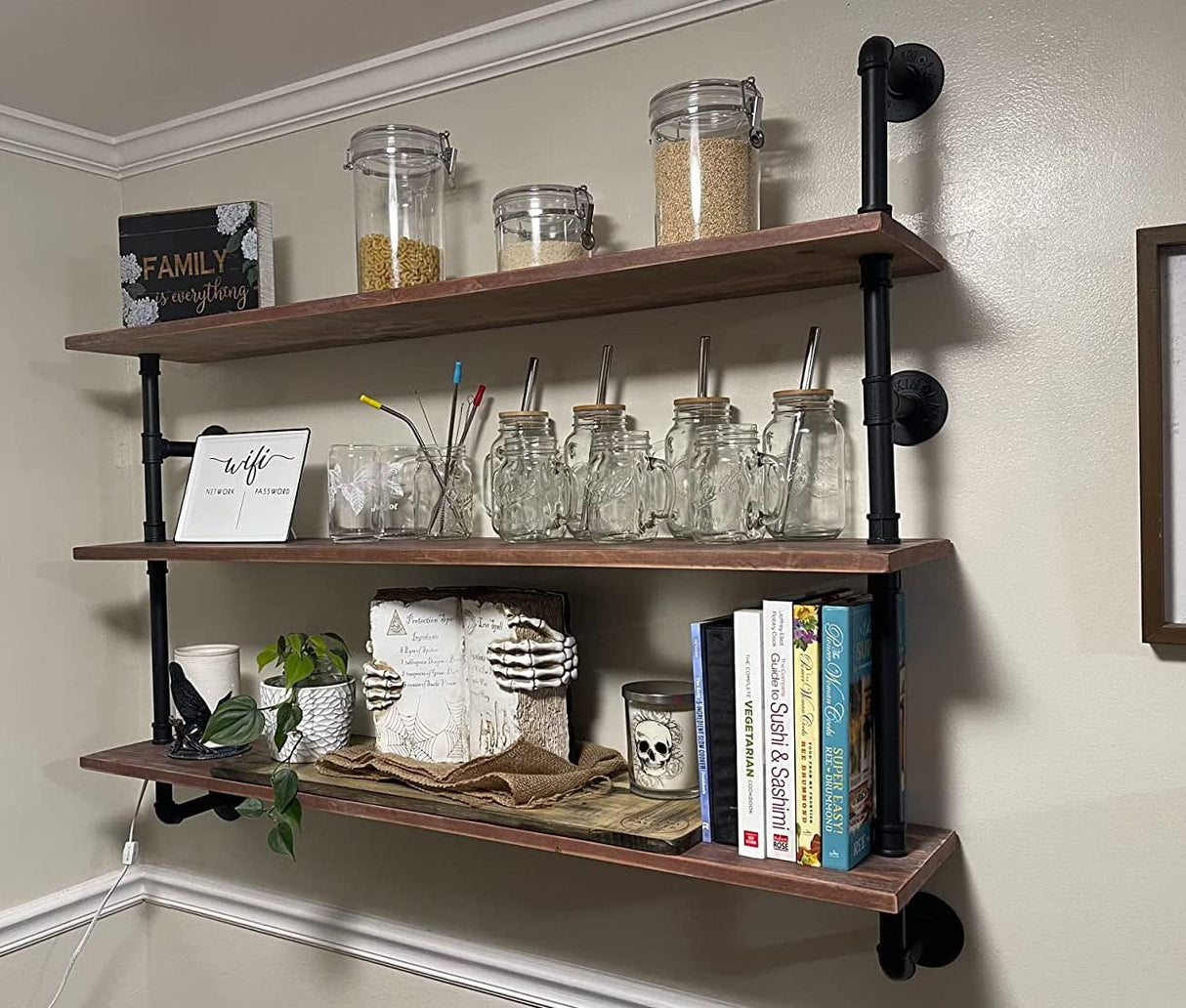 HDDFER Floating Shelves,Wall Mounted Rustic Wood Shelf,Pipe Shelves,Industrial Pipe Shelving with Real Wood Planks 48 inch Industrial Wall Shelves Hanging Bookshelf Farmhouse Kitchen Bar Shelving HDDFER