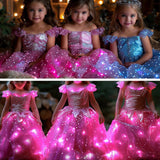 QooGoo Girls Princess Costume Dress LED Light up Fancy Dresses Up Cosplay Party Dress Red Butterfly Pink(Rose Red, 4-5T) QooGoo