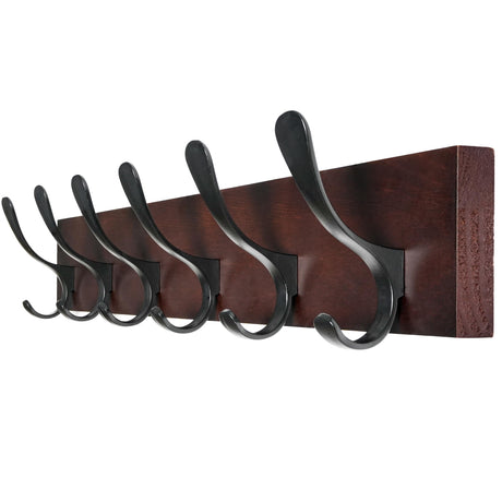 SKOLOO Coat Rack Wall Mount - Wooden Brown Wall Coat Hook, Wall Coat Hanger Rack with 6 Hooks for Hanging Coats, Hats, Clothing, Scarfs, Brown & Black SKOLOO
