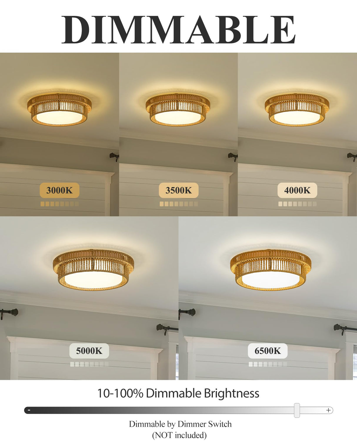 Boho Light Fixtures Ceiling 16W LED, HWH 13'' Woven Rattan Flush Mount Ceiling Light, Handwoven Twine Cage Light Fixtures Ceiling Mount 5CCT, 5HYS78F-LED HWH INVESTMENT