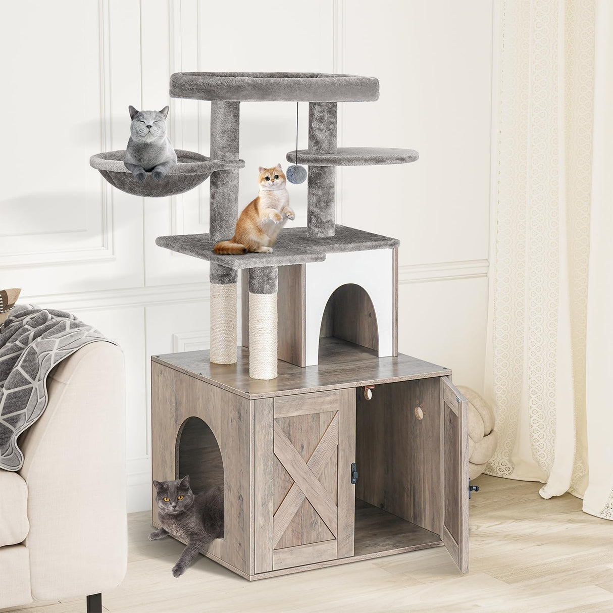 Snughome Cat Litter Box Enclosure with Cat Tree Tower and Condo, Hidden Cat Washroom Furniture with Sisal Scratching Post and Soft Plush Perch, Wooden Cat Furniture with Multiple Platforms, Grey Snughome