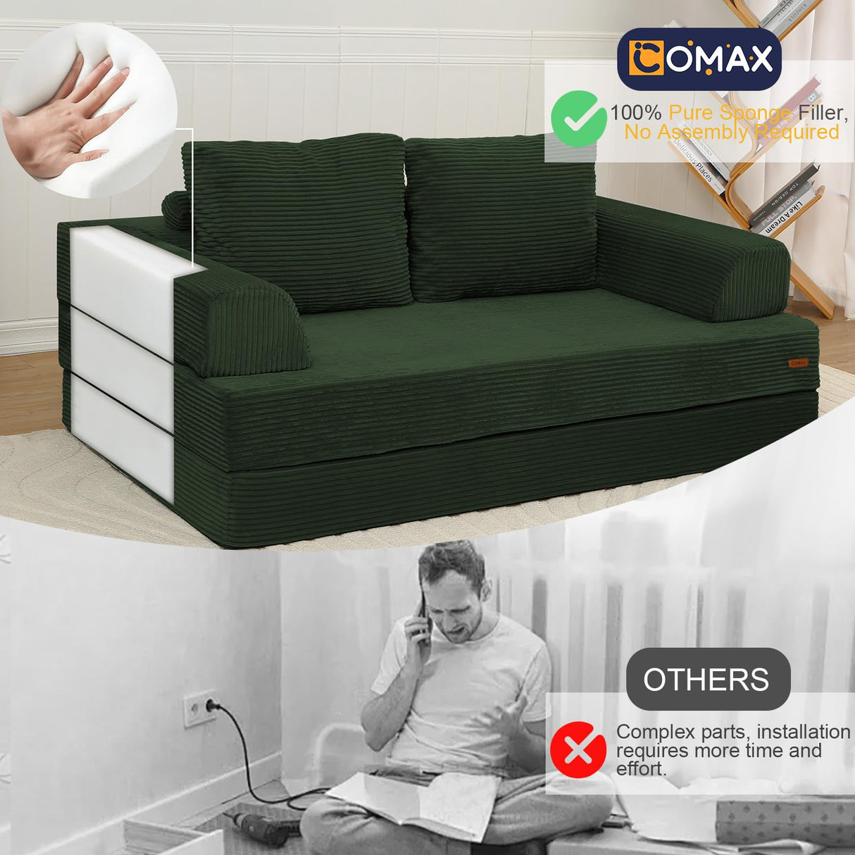 COMAX Convertible Sofa Bed, Folding Floor Couch Corduroy Fold Out Couch Bed Futon Sleeper Mattress with Pillows, Boneless Sofa Comfy Lounge Loveseat for Living Room Bedroom, Green COMAX