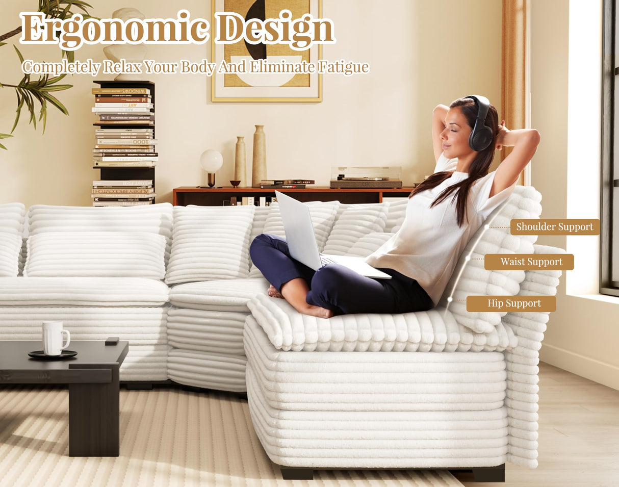 GRAINLLE 103'' L Shaped Corner Sectional Sofa,5-Seater Cloud Corner Couch with Pillows, Large Comfy Corduroy L Couch for Living Room,Apartment,Bedroom (White) GRAINLLE