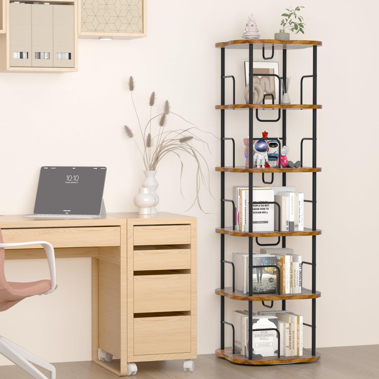 TEROL 5-Tier Rotating Book Shelf, 360° Display Spinning Bookshelf Tower, Book Organizer, Floor Standing Bookcases for Small Space, Corner Book Shelf for Bedroom, Living Room, Study Room (RUSTIC BROWN) TEROL