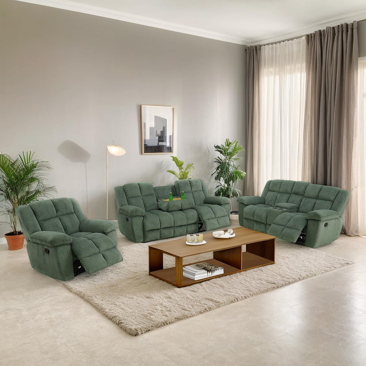 Manual Recliner Sofa Set,Corduroy Reclining Couch Set,Modern Living Room Furniture Set,Reclining Sofa Couch Chair for Living Room Home Office(Green,3 Pieces Set) Pon Living Furniture Inc