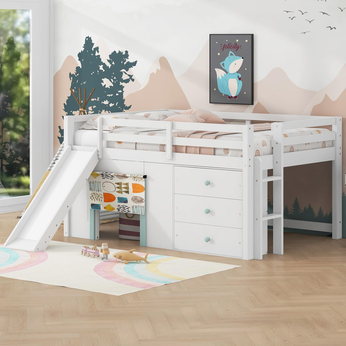 Quarte Full Size Kids Low Loft Bed with Slide,Three Storage Drawers and Two Doors,Solid Wood & MDF Construction, No Box Spring Needed Quarte