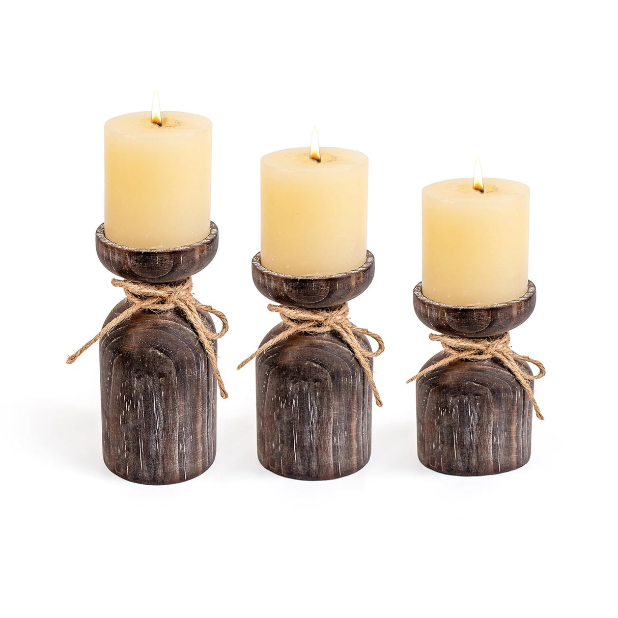 Farmhouse Wooden Candle Holders for Pillar Candles, Brown Distressed Set of 3 Rustic Wood Pillar Wood Candle Stands with Hemp Rope Bow Table Centerpiece Decor for Fireplace, Living, and Dining Room OKSQW