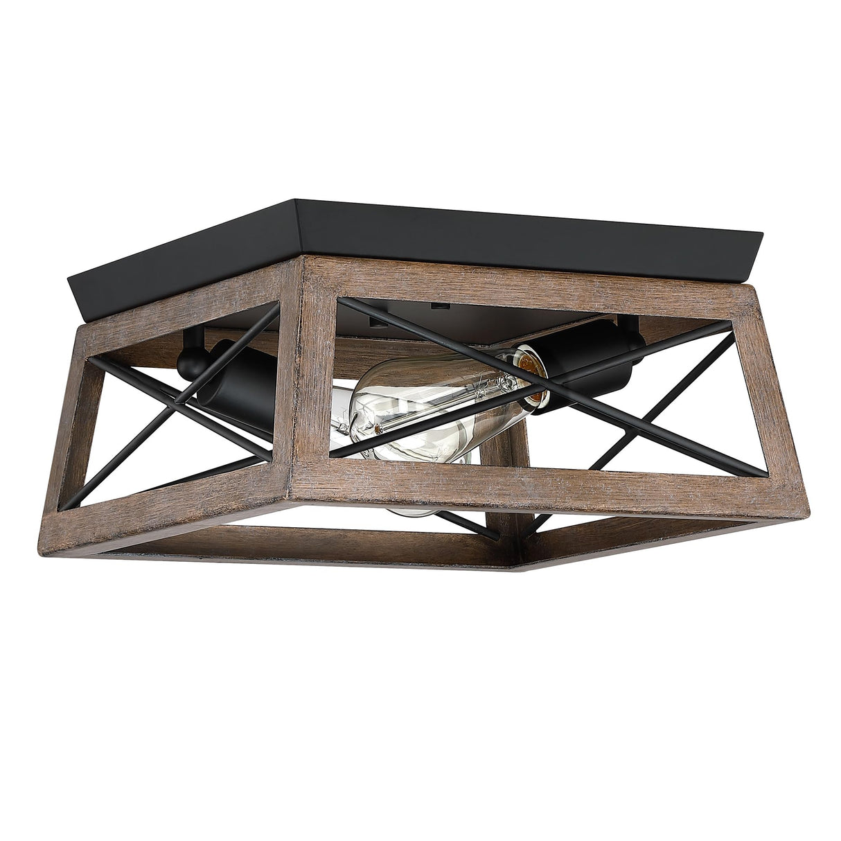 2-Light Black and Wood Flush Mount Ceiling Light with Bronze Wood Grain Farmhouse Ceiling Light for Closet Hallway Entryway Vintage Industrial Cage Light Fixture,E26 Faymart lighting