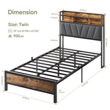 Welzona Twin Bed Frames, Metal Bed Frames with Charging Station, LED Lights Bed Frames with Upholstered Storage Headboard, Sturdy and Noise-Free, Storage Space Under Bed, No Box Spring Needed, Brown Welzona
