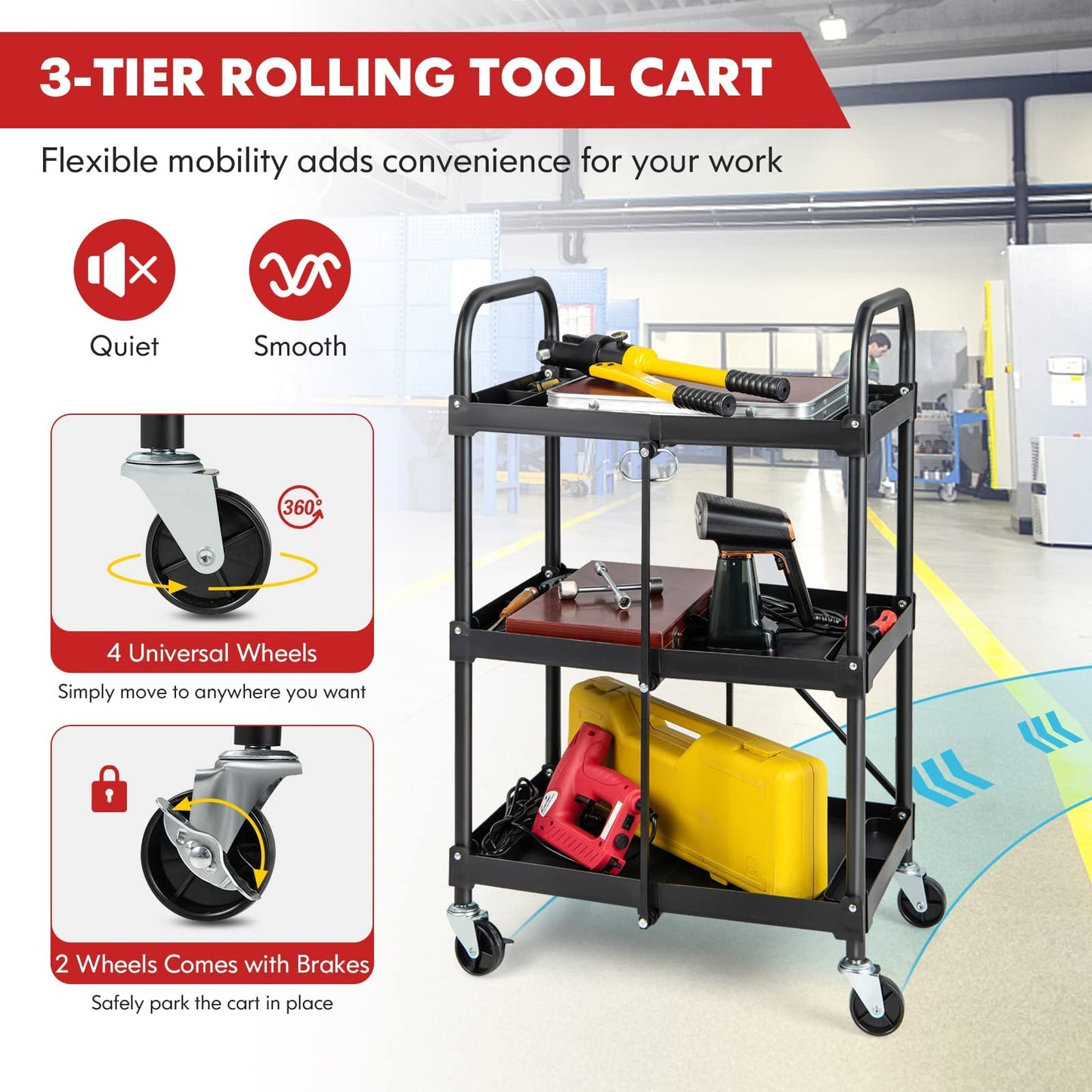 IRONMAX Folding Tool Cart on Wheels, Heavy Duty 3 Tier Foldable Utility Cart w/ 4 Universal Wheel & Compartments, Lightweight Collapsible Service - WoodArtSupply