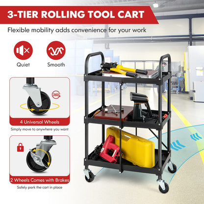 IRONMAX Folding Tool Cart on Wheels, Heavy Duty 3 Tier Foldable Utility Cart w/ 4 Universal Wheel & Compartments, Lightweight Collapsible Service - WoodArtSupply