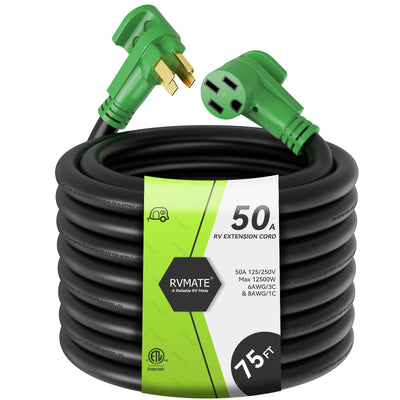 RVMATE 50 Amp 75 Feet RV/EV Extension Cord, Easy Plug in Handle, 14-50P to 14-50R with LED Indicator, ETL Listed