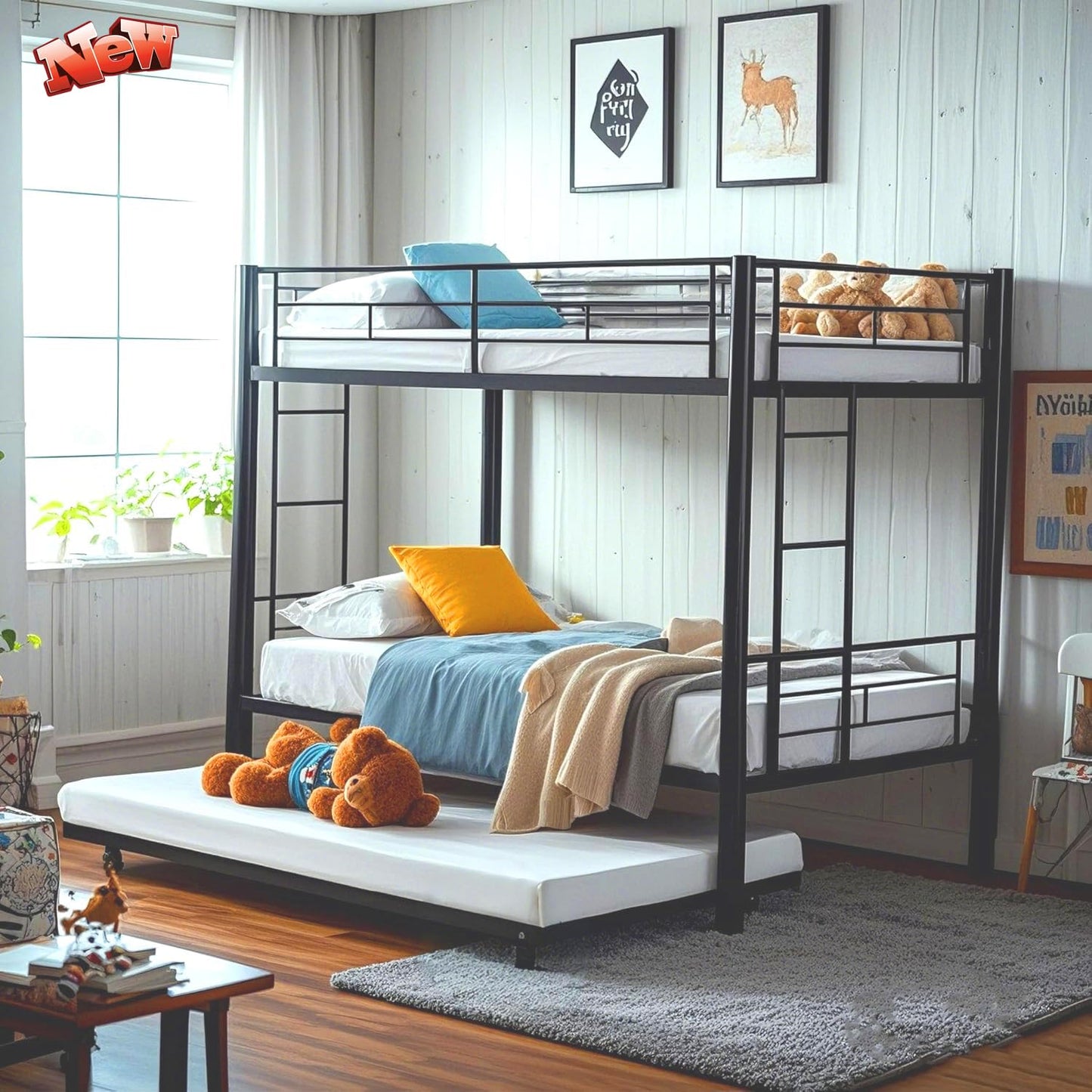 ZMIZAKOY Heavy Duty Metal Twin Over Twin Bunk Bed with Trundle & Sturdy Guard Rail & 2 Side Ladders (Black)