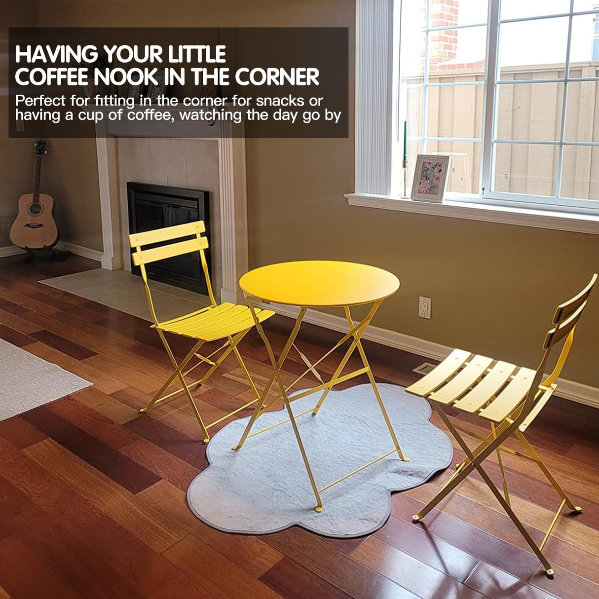 3-Piece Bistro Table and Chairs, Wrought Iron Bistro Set, Anti-Rust, Waterproof Folding Cafe Table and Chairs Set of 2, Foldable Small Bistro Set for Small Space/Indoor/Outdoor/Porch/Lawn/Balcony BUPPLEE