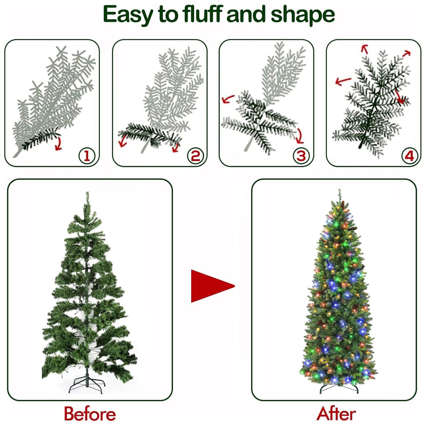 Hykolity 7.5 ft Prelit Slim Christmas Tree with 300 Multicolor Twinkling LED Lights, 1478 PE & PVC Realistic Tips, Artificial Christmas Tree with Pine Cones, Metal Stand and Hinged Branches, 11 Colors