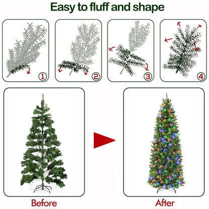 Hykolity 7.5 ft Prelit Slim Christmas Tree with 300 Multicolor Twinkling LED Lights, 1478 PE & PVC Realistic Tips, Artificial Christmas Tree with Pine Cones, Metal Stand and Hinged Branches, 11 Colors