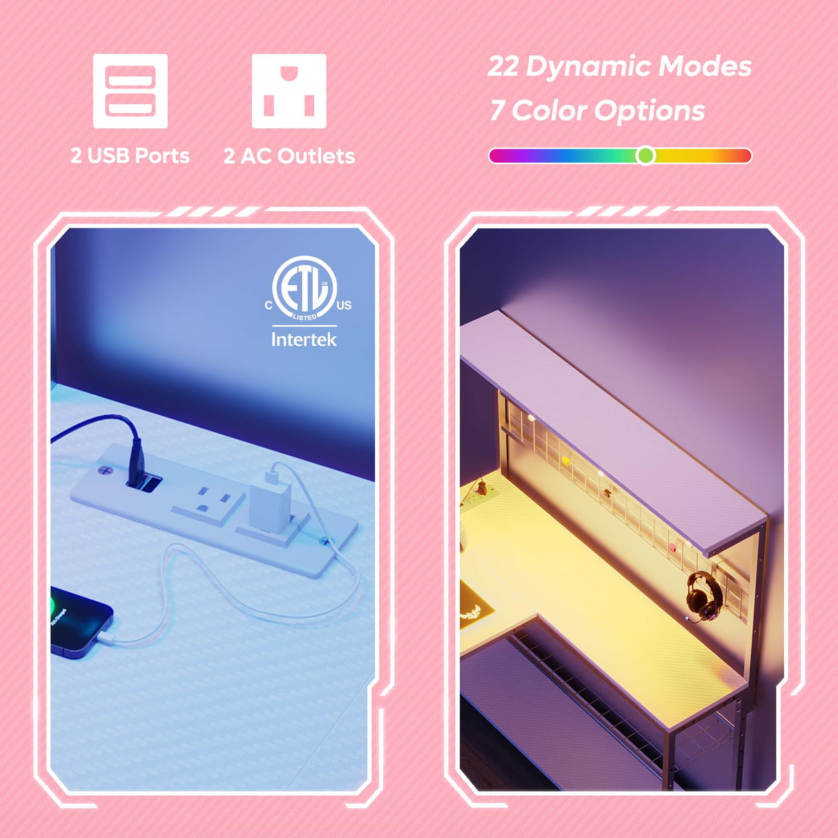 Bestier L Shaped Gaming Desk with Power Outlets, 51 inch LED Computer Desk Reversible Corner Desk with Metal Grid Pegboard and 4 Tiers Storage Shelves, Modern Writing Desk for Home Office, White Bestier